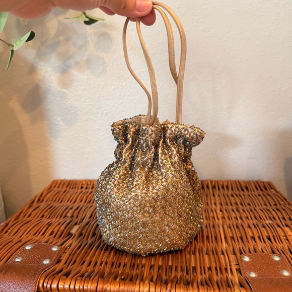 Vtg Ann Taylor Beaded Drawstring Bucket Small Bag Gold Glam Feminine 90s Y2K - Picture 1 of 7